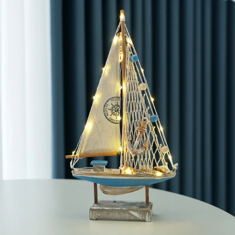 Retro Mediterranean Wooden LED Sailing Boat Model Desktop Decor Ocean Style Gift