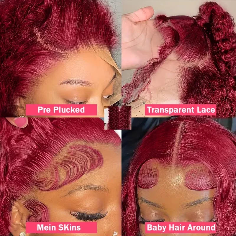 Deep Curly Human Hair Wigs Burgundy 13x4 HD Transparent Lace Front Pre Plucked with Baby Hair - 16-34 Inch