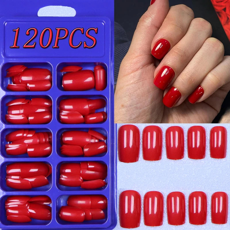 120PCS Press-On French Fake Nails Set - Reusable Solid Color Acrylic Nails for DIY Nail Art