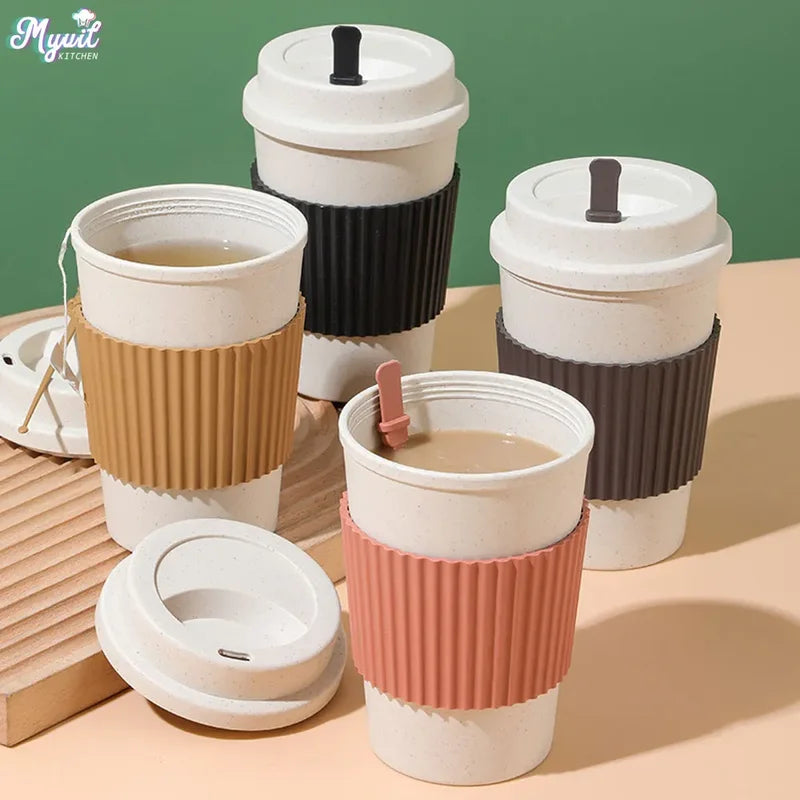 Reusable 450ml Wheat Straw Coffee Cup with Lid - Eco Travel Mug, Dishwasher Safe