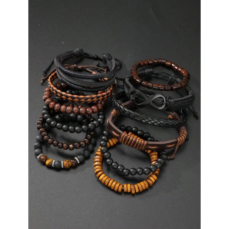 Vintage Woven Leather Bracelet Set for Men and Women - 8 Shape Tiger's Eye Braided Jewelry