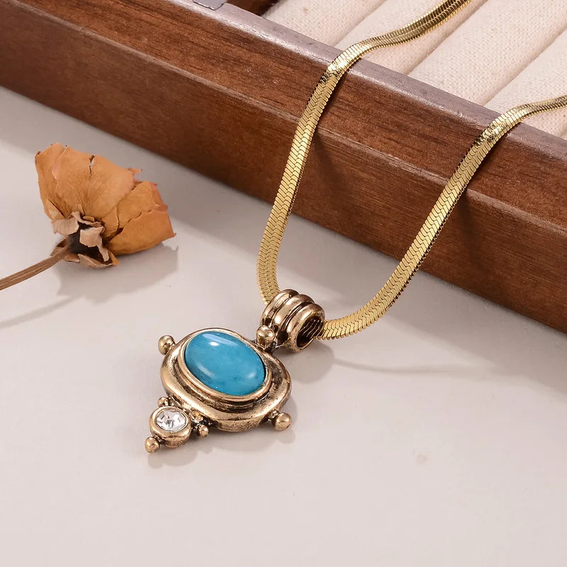 Turquoise Pendant Snake Chain Necklace for Women Bohemian Style Jewelry