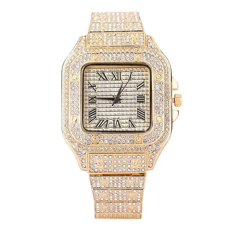 Luxury Diamond Square Quartz Watch for Men and Women with Stainless Steel Strap