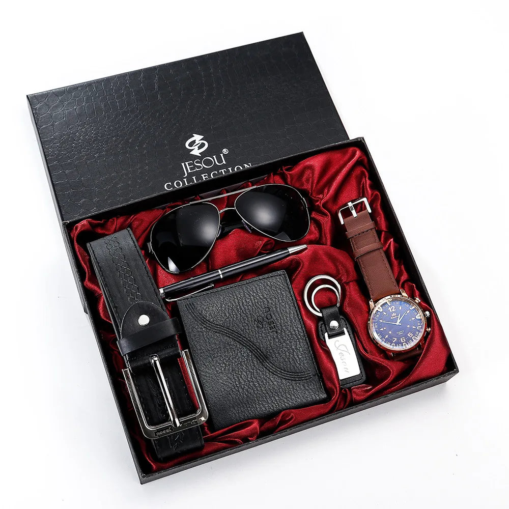 Men Gift Set Quartz Watch Sunglasses Wallet Keychain Pen Belt Accessories - 6pcs