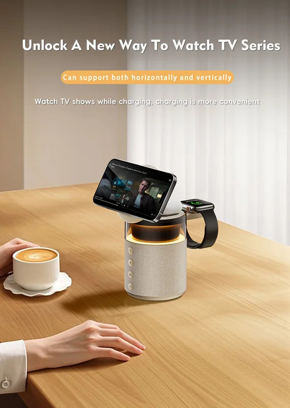 5-in-1 Magnetic Wireless Charging Station with Speaker Night Light Fast Charger for iPhone iWatch AirPods