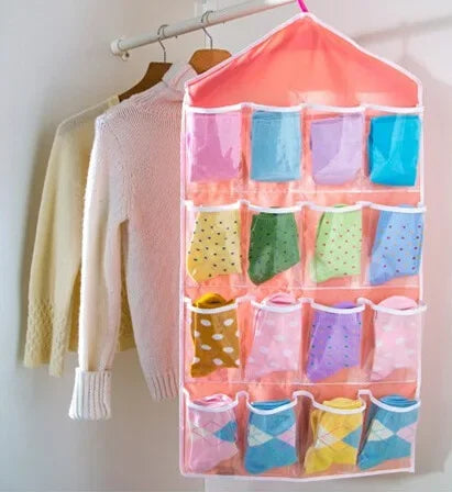 16-Pocket Hanging Wardrobe Organizer Bag for Socks Bra Underwear Storage