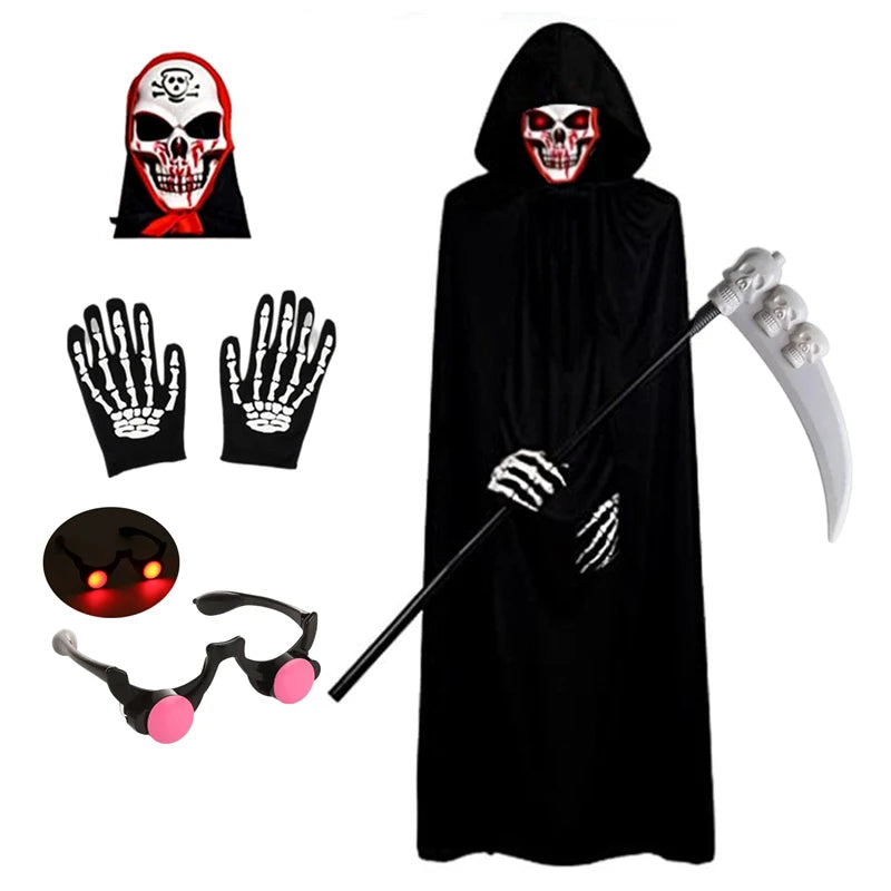Kids Halloween Grim Reaper Costume with Robe Scythe & Glowing Glasses