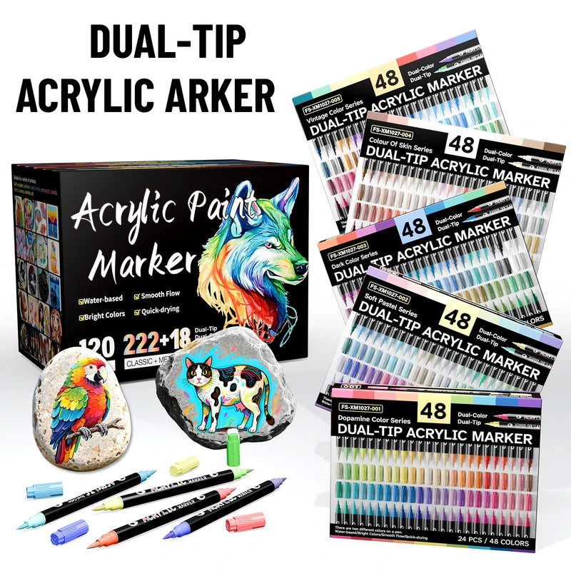Dual-Color Acrylic Paint Markers Set - 48 Water-Based Quick-Dry Paint Pens for Crafts