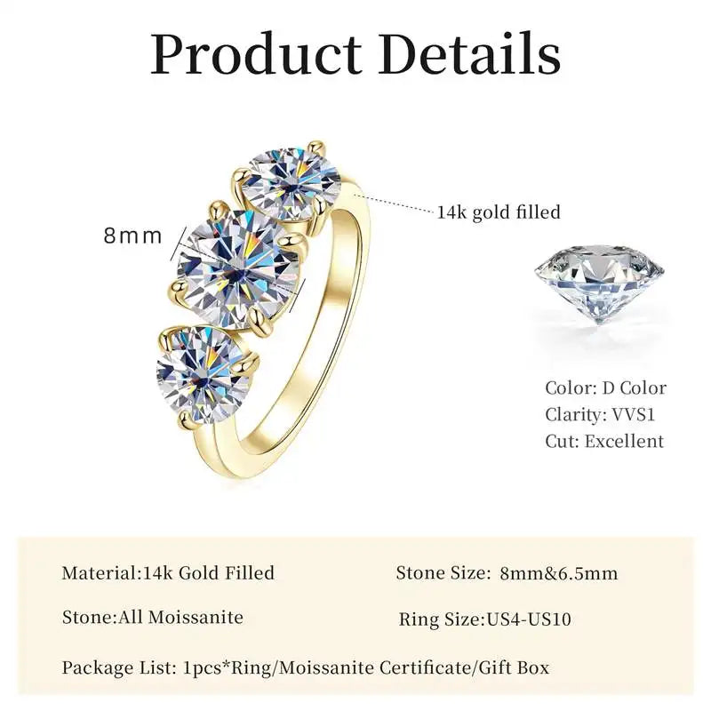 Moissanite Engagement Ring for Women 14K Gold Filled Three Stone Wedding Jewelry