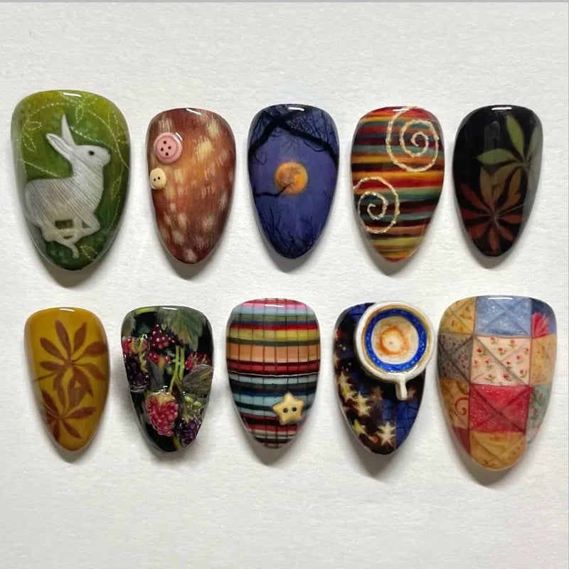 24Pcs Vintage Country Style False Nails with Cartoon Lamb Bunny Rose Prints - Press On Nail Art Set