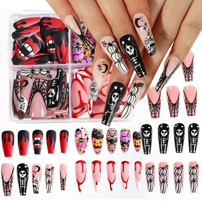 Halloween Press-On Nails Set with Skeleton Design, Full Cover False Nails for Spooky Nails