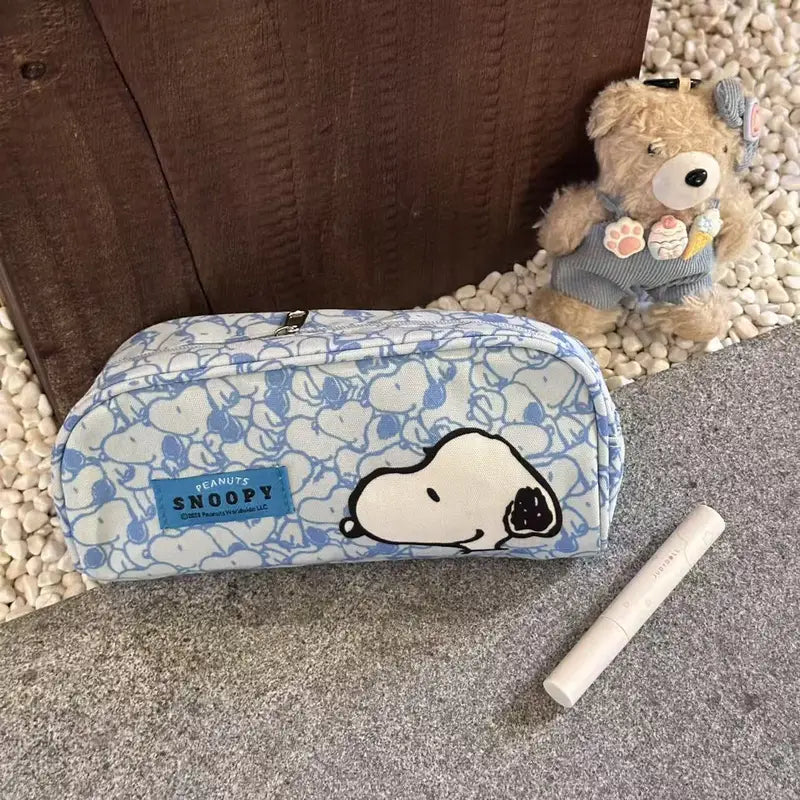 Cute Snoopy Pencil Case with Bone Pulling Makeup Bag - Blue Cartoon Travel Storage