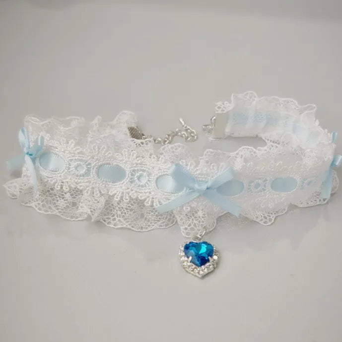 Lace Bow Necklace Heart Gem Charm Lolita Jewelry for Weddings & Parties