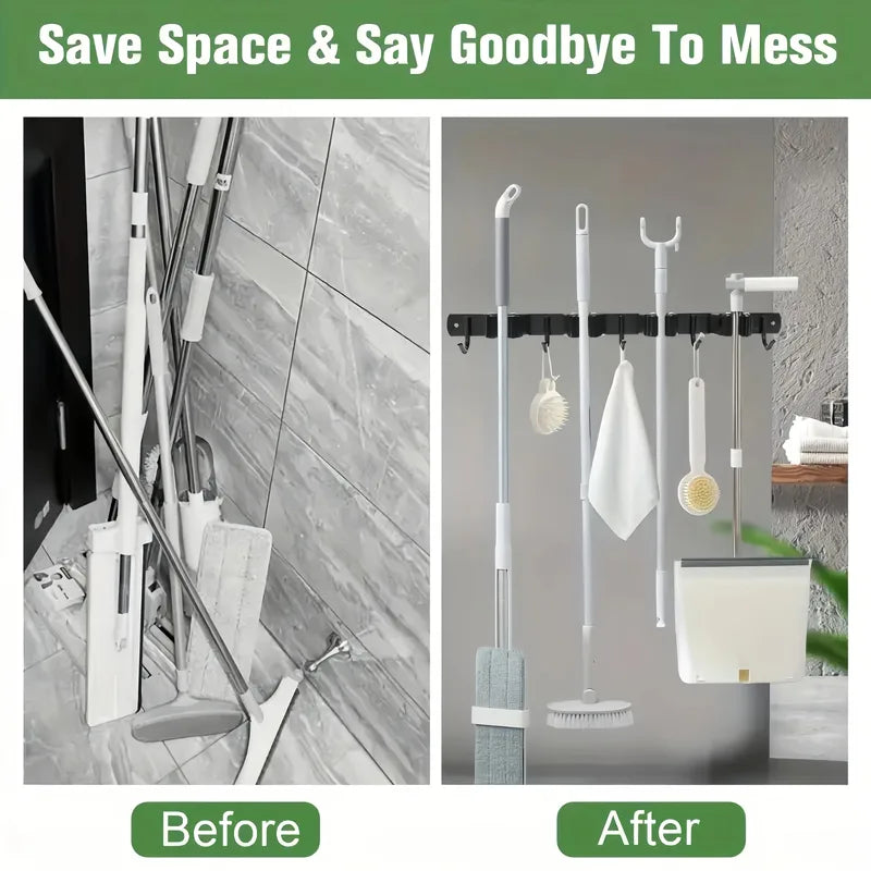 Wall-Mounted Broom and Mop Rack with Hooks - Garden & Garage Storage Organizer