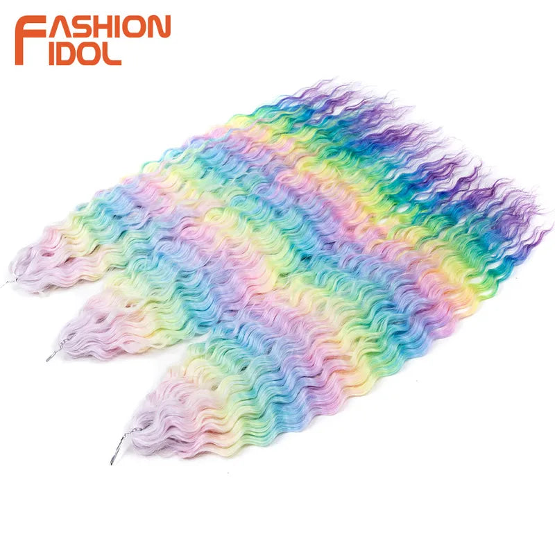 Water Wave Hair Extensions 22 Inch Crochet Hair Synthetic Ombre Rainbow Color Set