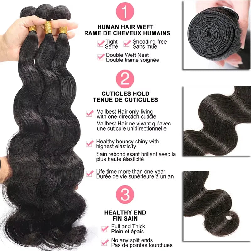 Peruvian Human Hair Bundles Body Wave 26-34 Inch Virgin Hair Extensions