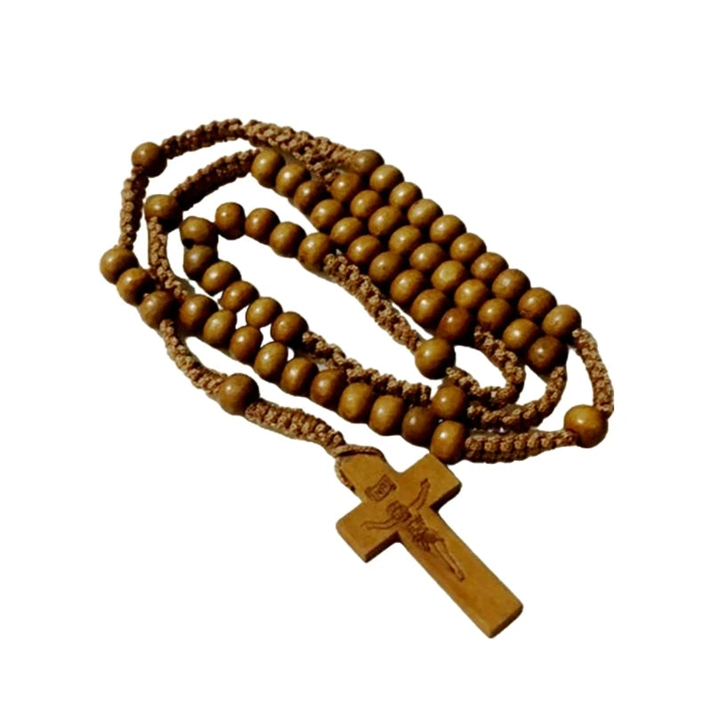 Wood Bead Cross Rosary Necklace Catholic Jewelry Prayer Charm for Christian Devotion