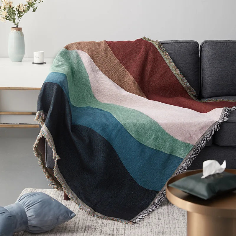 Boho Abstract Wave Woven Throw Blanket - Color Block Fringed Sofa Cover & Tapestry