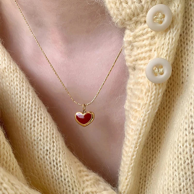 2024 Mother's Day Red Heart Pendant Necklace for Women - Stainless Steel Gold Chain Jewelry
