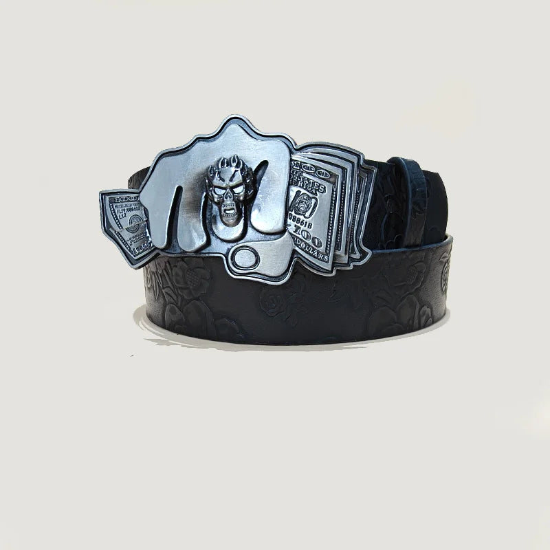 Unisex Punk Skull Leather Belt with Skeleton Hand Embossed Design for Gothic Halloween Accessories