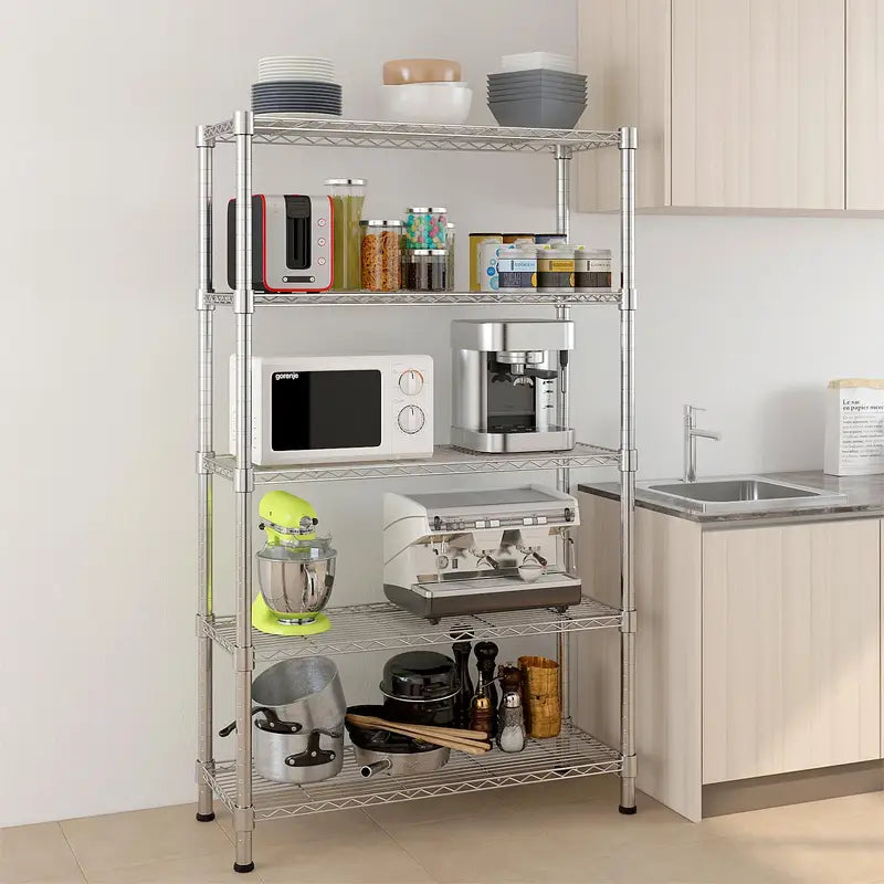 5-Tier Metal Wire Storage Shelves with Chrome Finish for Kitchen & Living Room