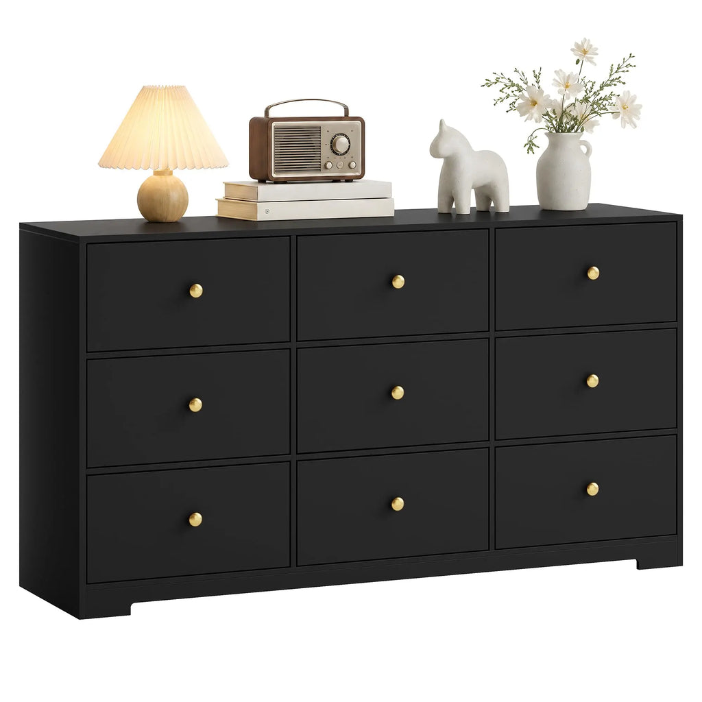 Modern 9-Drawer Dresser with Gold Handles, 57-Inch Wide Storage Chest
