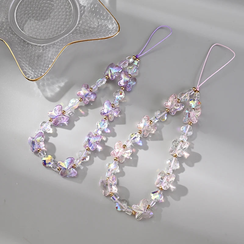Women Girl Acrylic Phone Charm with Butterfly Design - Transparent Drop Lanyard Jewelry