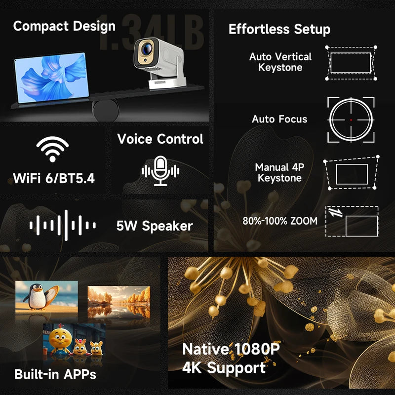 Mini Outdoor Movie Projector 1080P 4K Support WiFi6 BT5.4 Auto Focus 330ANSI