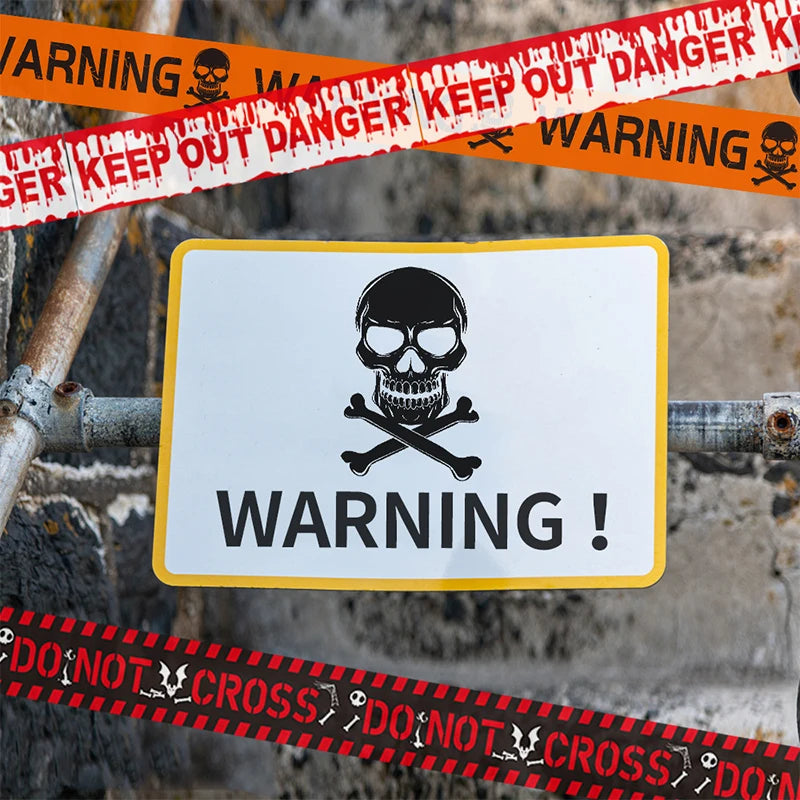 Halloween Warning Tape Skull Head Plastic Sign for Window Decorations