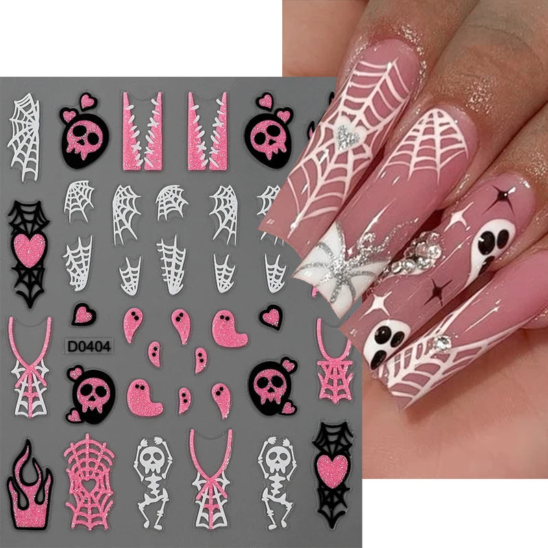 Halloween Skull Nail Stickers Glitter Powder 3D Nail Art Decals for Manicure