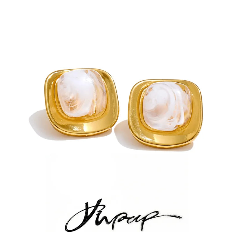 White Green Resin Square Stud Earrings - 18K Gold PVD Plated Stainless Steel Jewelry