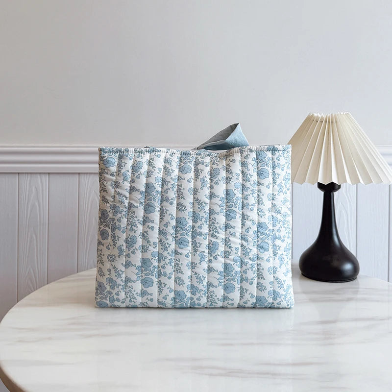 Large Capacity Floral Quilted Makeup Bag with Bow - Lightweight Multifunctional Cosmetic Organizer
