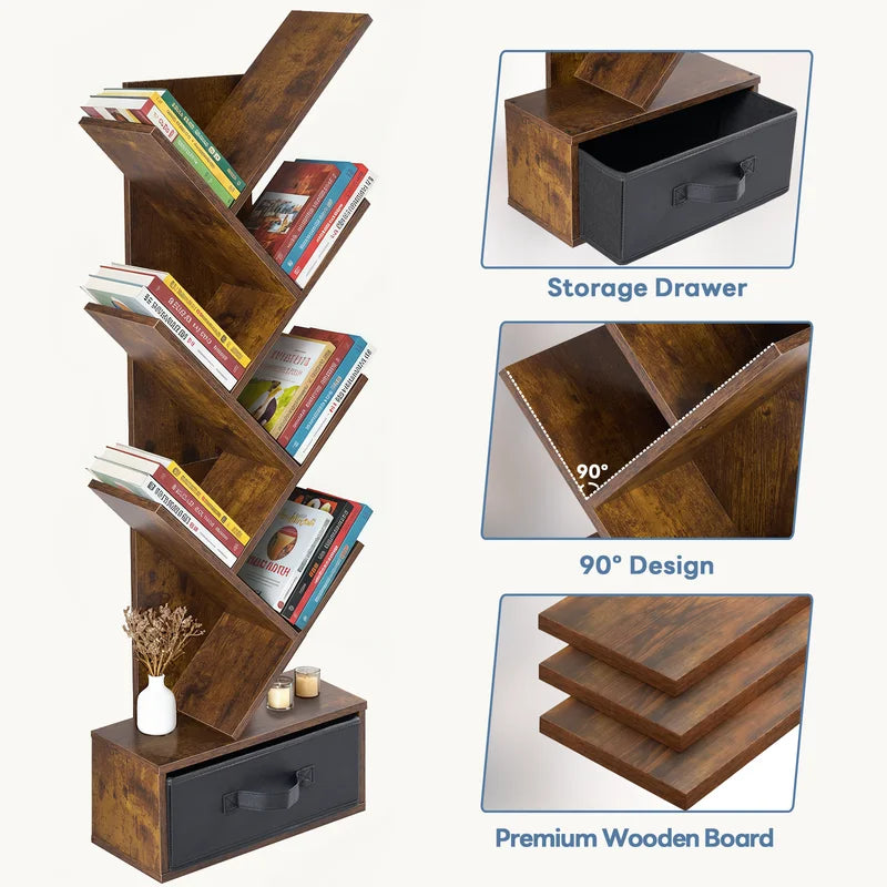 Geometric Wooden Book Rack - 7-Tier Tree Bookshelf with Drawer for Small Spaces