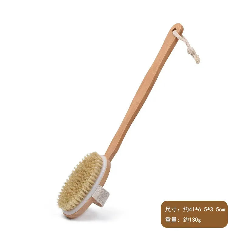 Natural Bath Brush with Long Wooden Handle for Exfoliating and Body Cleaning
