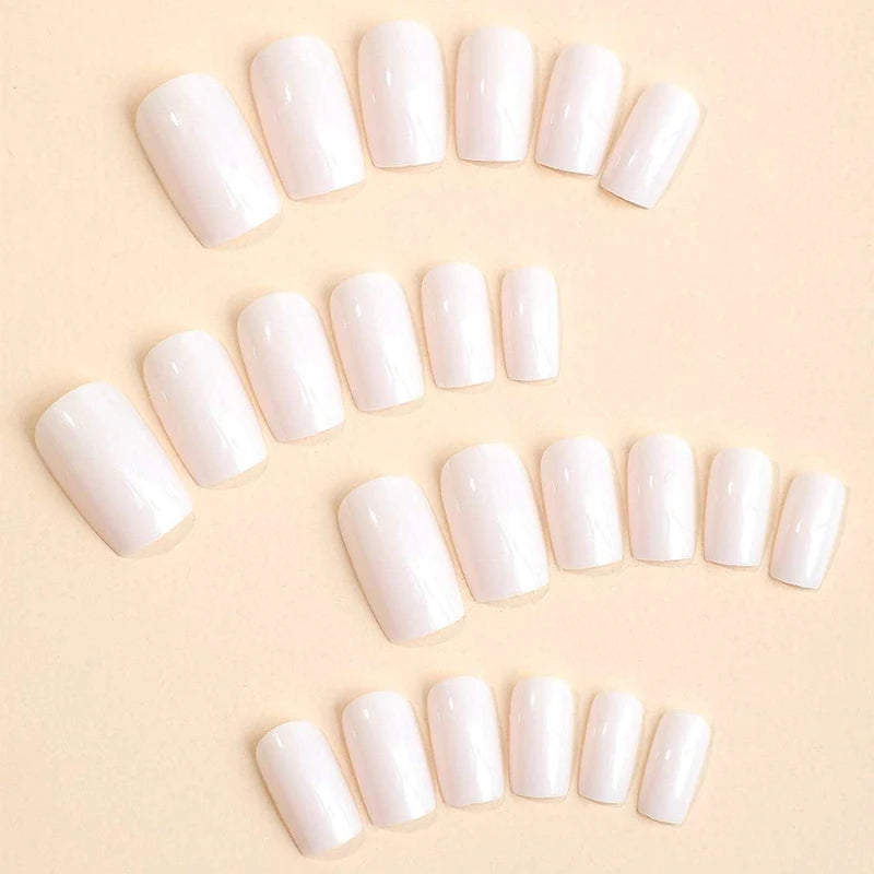 Medium Square White 3D Stereo Press On Nails - Full Cover Fake Nail Set for Stylish Women & Girls