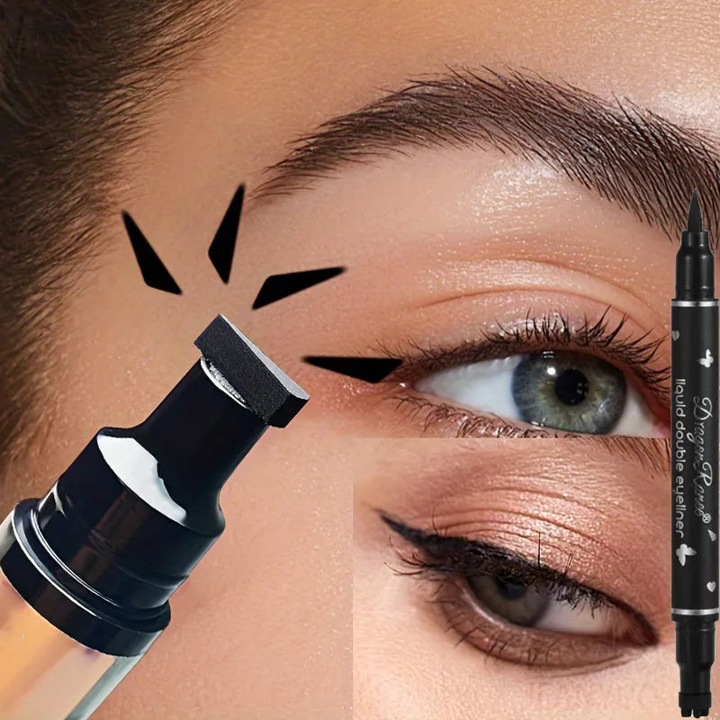 Double-Ended Waterproof Eyeliner Pen with Heart & Star Stamp - Quick-Dry Liquid Eye Makeup