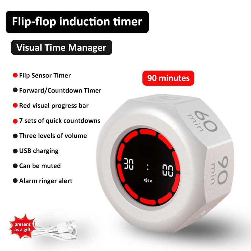 Digital Gravity Sensor Timer 90-Minute Visual Flip Timer for Home Kitchen Study Office