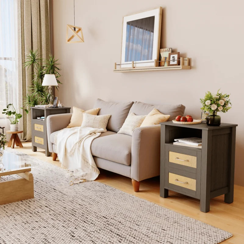 Rattan Nightstand with 2 Drawers & Storage Shelf - Farmhouse Boho Bedside Table