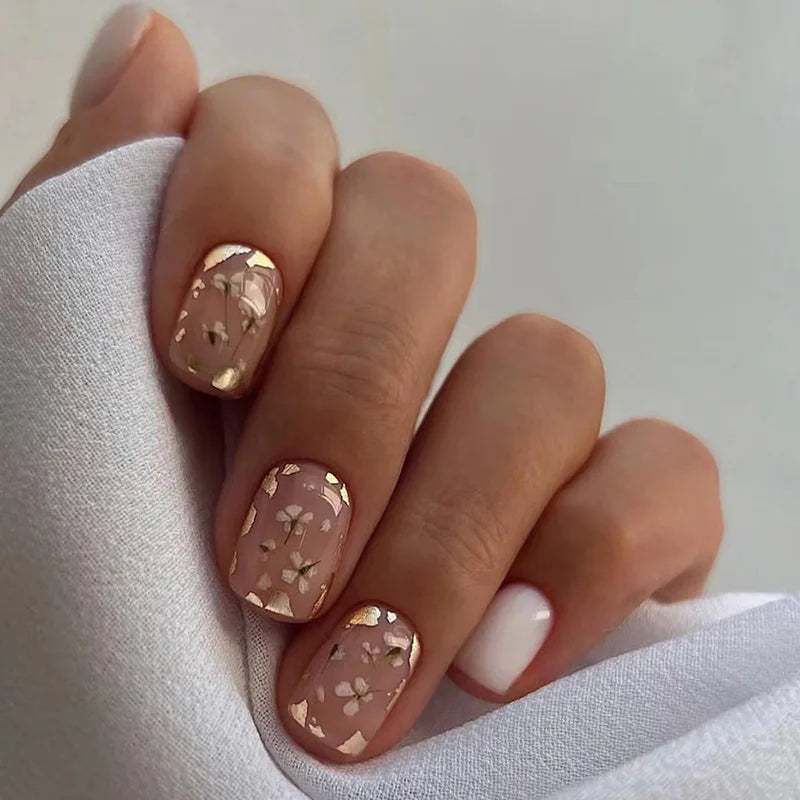 24Pcs Short French Fake Nail Tips with Aurora Glitter & Jelly Stickers