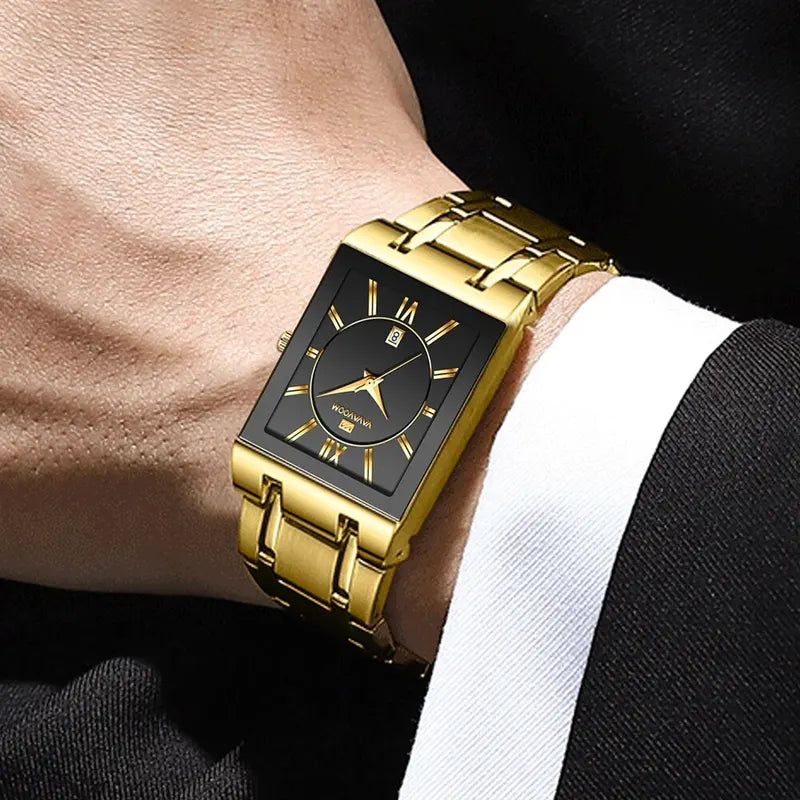 Men's Business Dress Watch Luxury Rectangular Black Gold Stainless Steel Waterproof Quartz