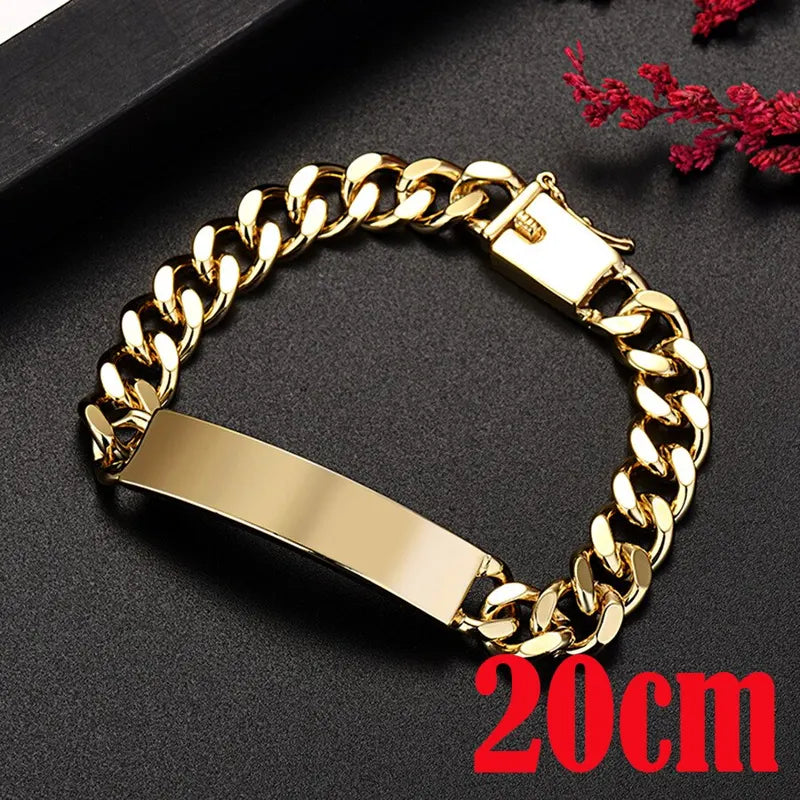 18K Gold-Color 10mm Chain Bracelet for Men Women High-Quality Jewelry