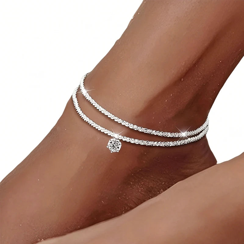 Adjustable Double Layer Cubic Zirconia Anklet for Beach & Summer Wear
