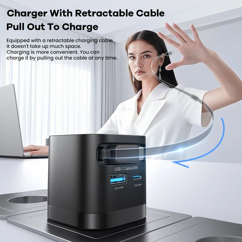 65W GaN USB C Charger Fast Wall Adapter with Retractable Cable for Phones & Laptops