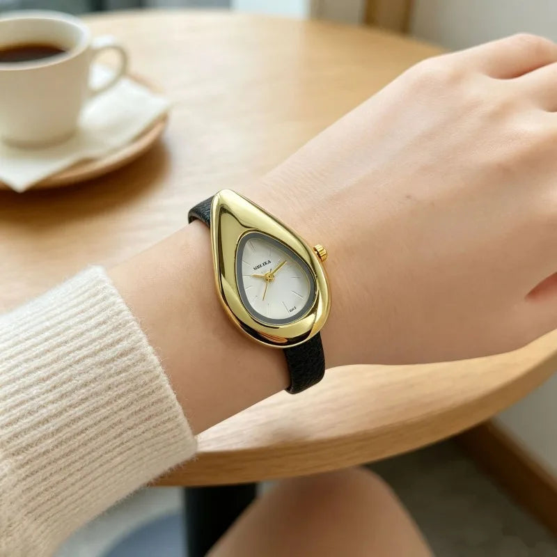 Irregular Water Drop Dial Quartz Watch for Women Retro Leather Strap Dress Watch