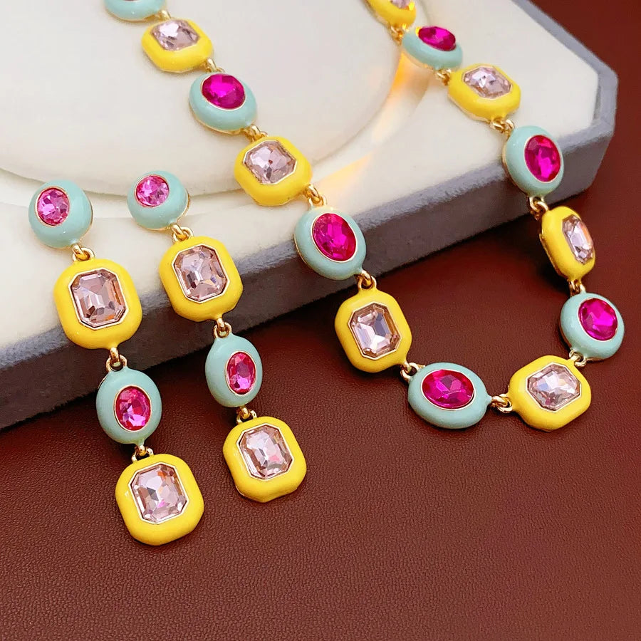 Colorful Square Oval Rhinestone Choker Necklace with Dangle Earrings Jewelry Set