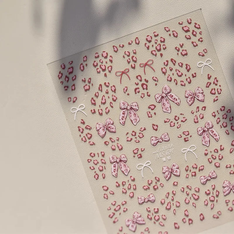 Autumn Winter Leopard Print Bow Nail Art Stickers - 3D Self-Adhesive Decals for Nails DIY