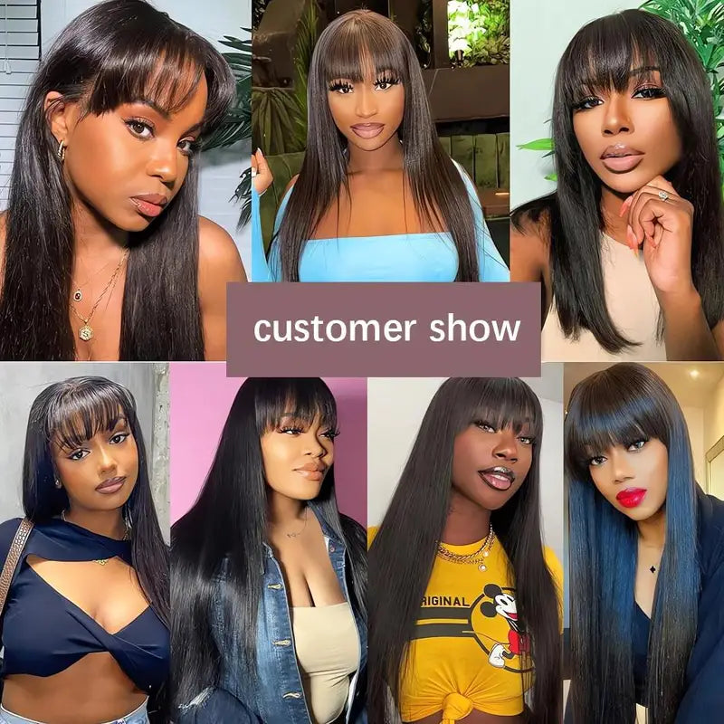 Black Bone Straight Human Hair Wig with Bangs - 30 Inch Brazilian Glueless Lace Wig for Women