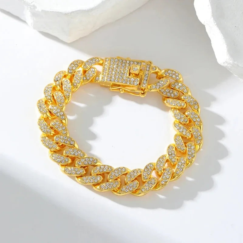Men's Gold Chain Bracelet with Clear Crystal Stones - Hip Hop Miami Link Style