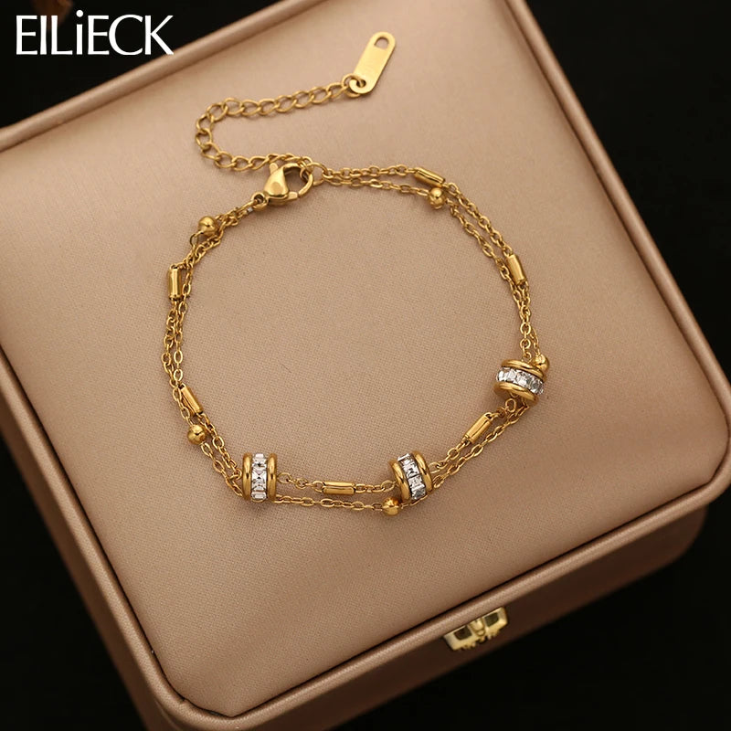Women's Beaded Zircon Bracelet with 18K Gold PVD Plating - Elegant Jewelry