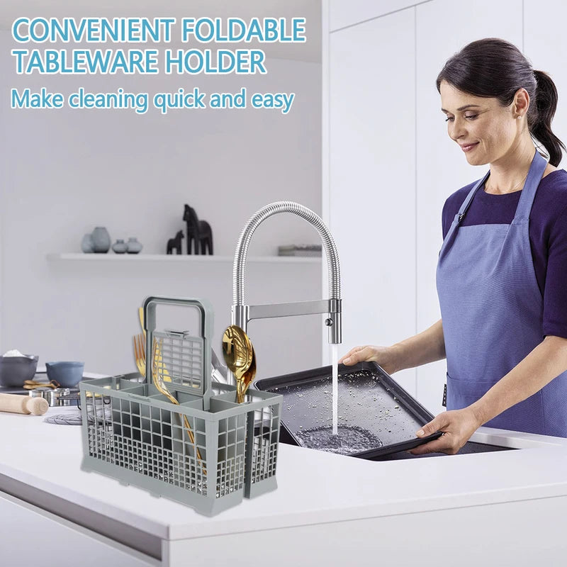 Foldable Dishwasher Cutlery Basket - Universal Silverware Holder, Gray